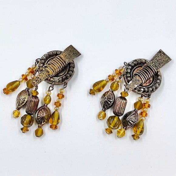 NWOT - Large Yellow Beaded Antiqued Gold Statement Chandelier Clip Earrings - Picture 1 of 8